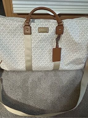 Michael Kors Cream and Brown Logo Duffel Bag